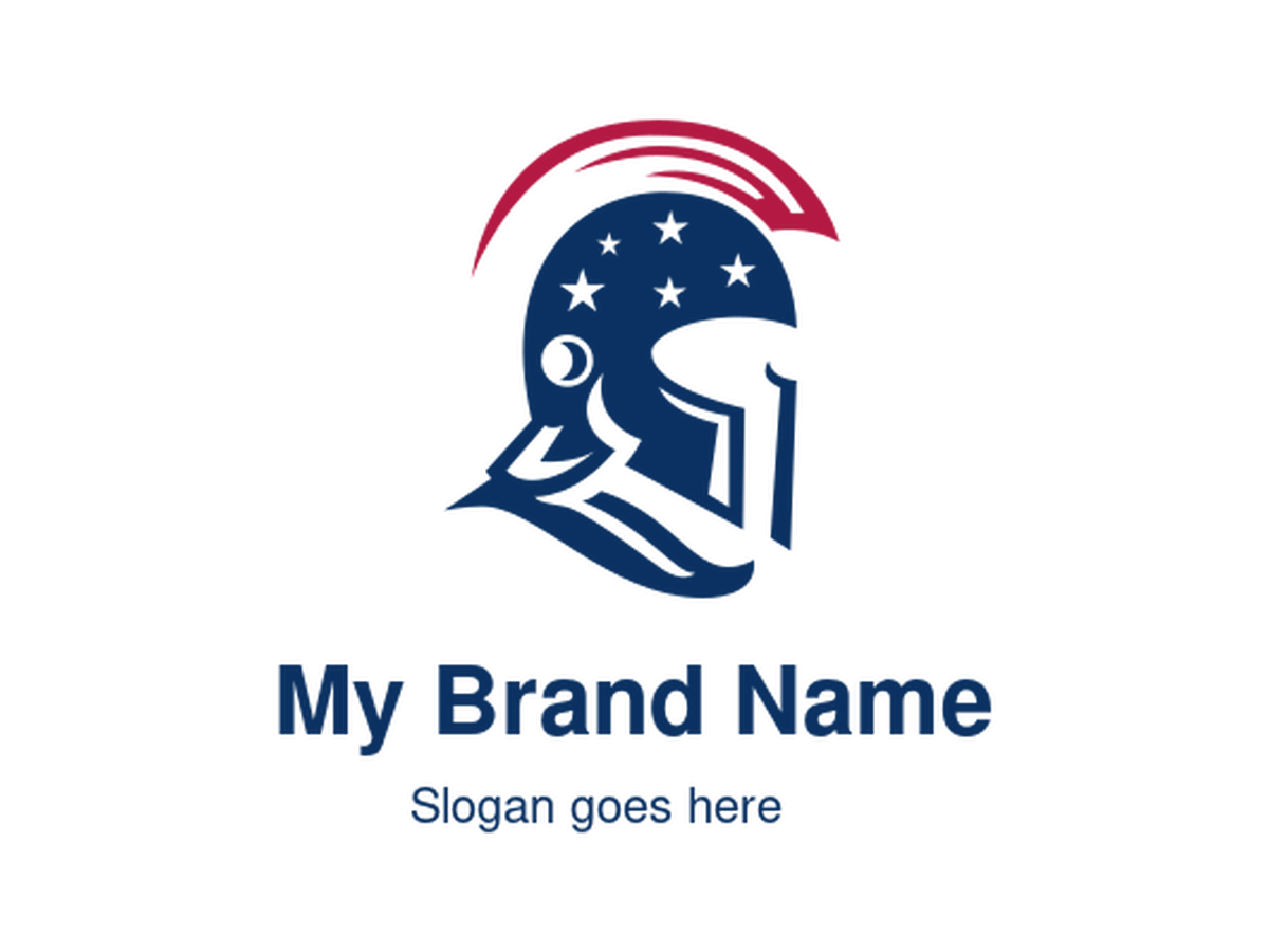 Bold Red and Blue Spartan Helmet with Stars Logo Design for Patriotic Strength Brands